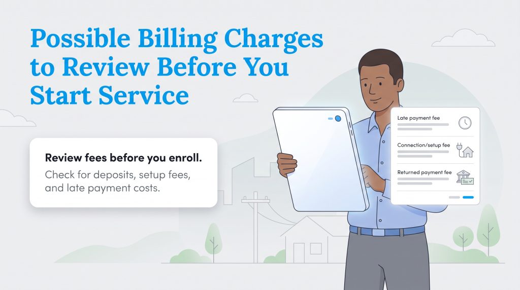 Illustration of a man reviewing possible utility billing charges on a tablet.