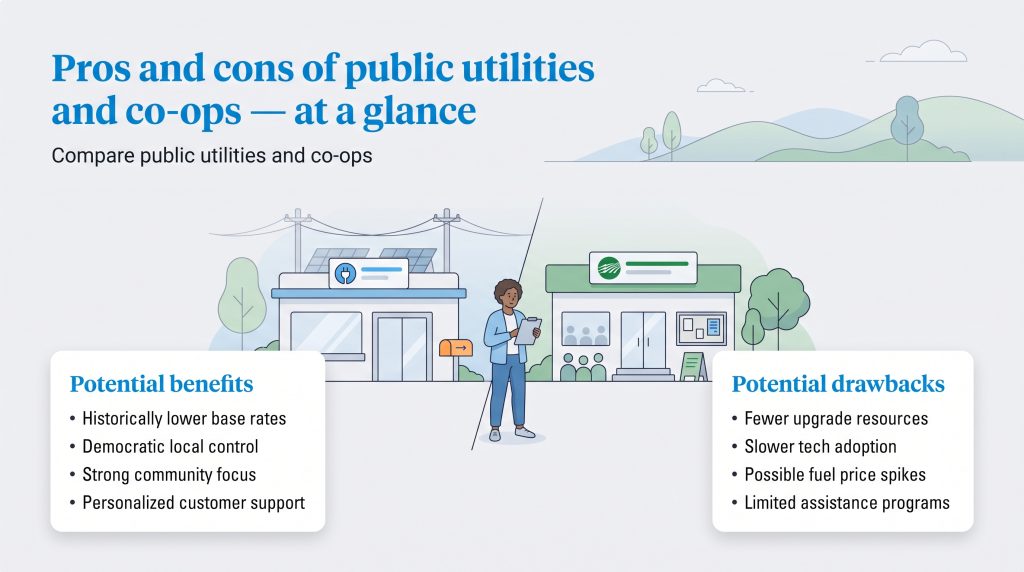 Comparison of potential benefits and drawbacks of public utilities and co-ops.