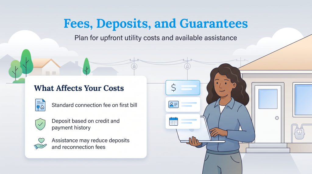 Illustration outlining utility fees, deposits, and cost assistance options.