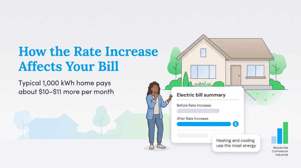 Graphic showing how utility rate increases affect household bills for standard homes.