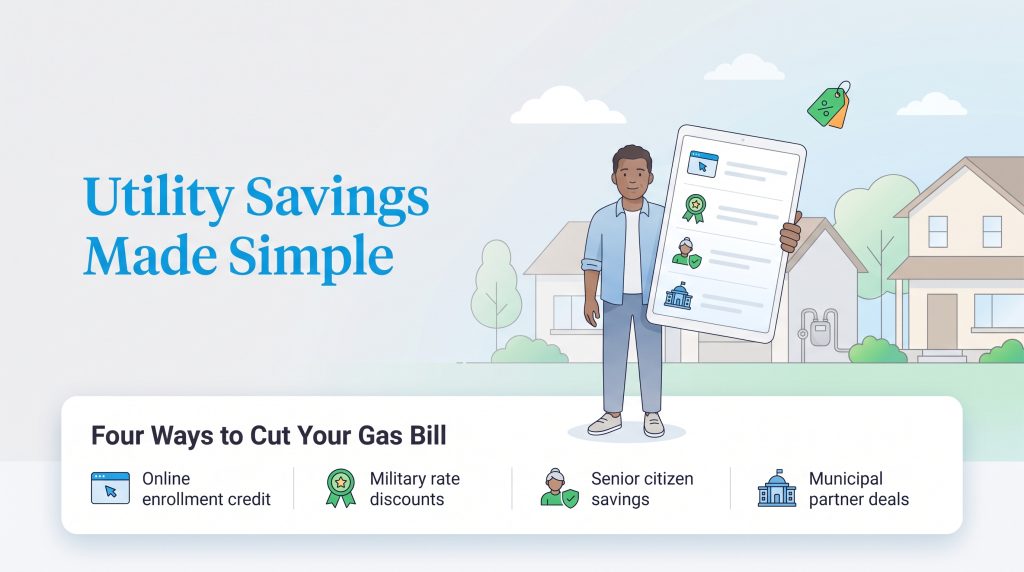 Infographic showing four ways to save on gas bills including military and senior discounts