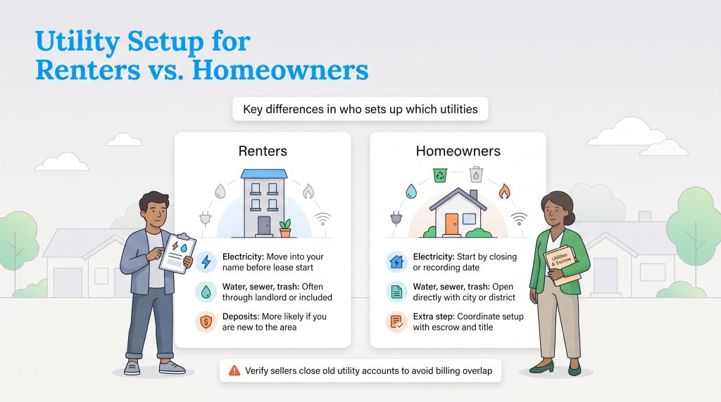 Comparison of utility setup tasks and responsibilities for renters versus homeowners.