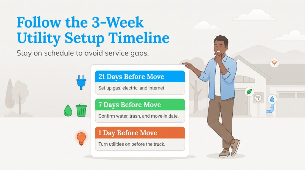 Timeline checklist showing utility setup steps at 21 days, 7 days, and 1 day before moving.