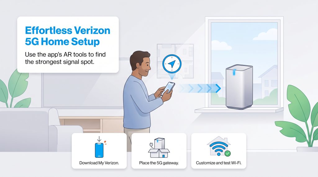 Illustration of a man using a phone app to set up a Verizon 5G Home Gateway near a window