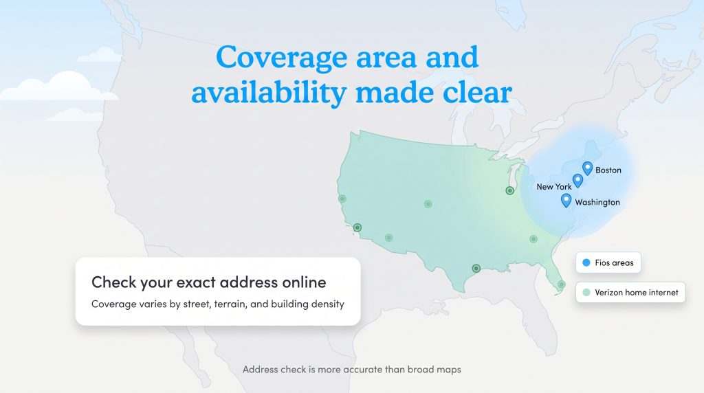 US map highlighting Verizon Fios in the Northeast and Verizon home internet across the country