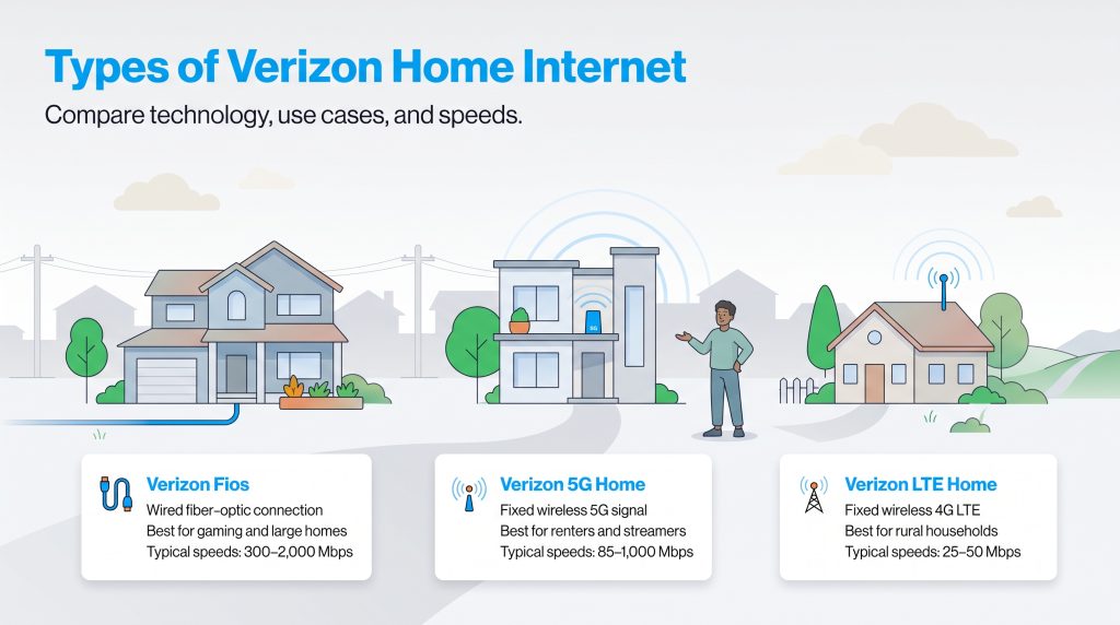 Comparison of Verizon Fios, 5G Home, and LTE Home internet technologies and typical speeds