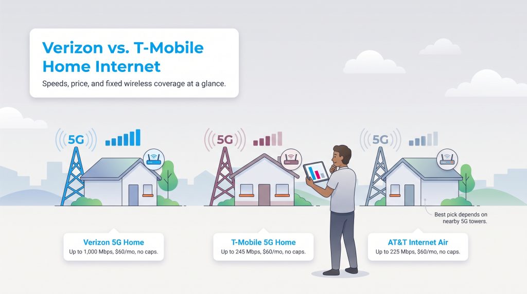 Comparison of 5G home internet plans from Verizon, T-Mobile, and AT&T.