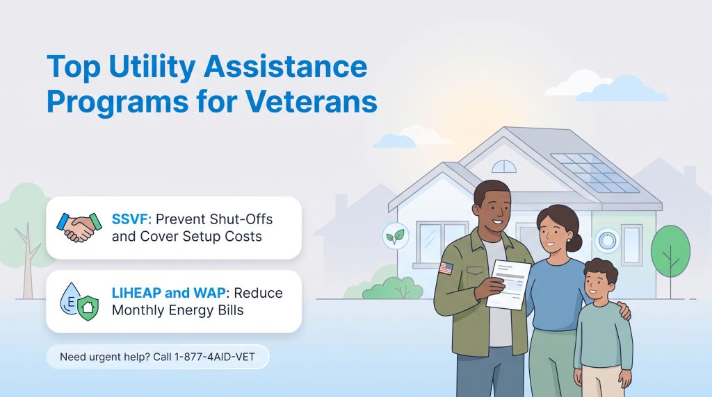 Veteran family in front of a house, listing SSVF and LIHEAP utility assistance programs.