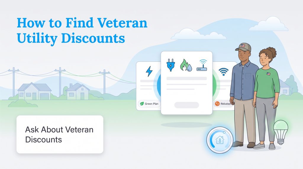Illustration of a military couple exploring discounted utility plans and green energy options