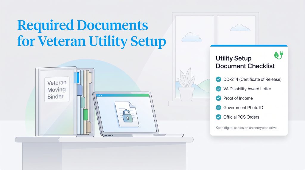 Graphic showing a checklist of five essential documents veterans need for utility setup.