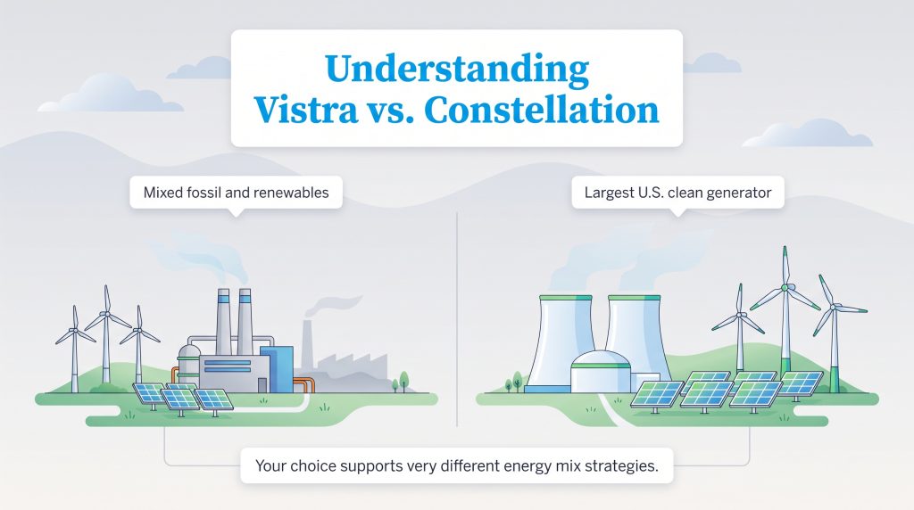Comparison of Vistra mixed energy portfolio versus Constellation clean energy production.