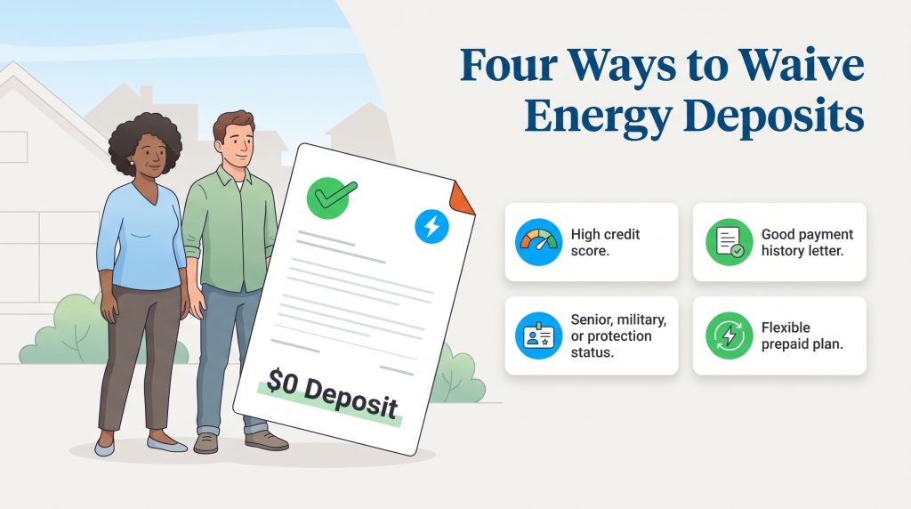 Illustration showing four methods to waive energy deposits next to a zero dollar deposit bill