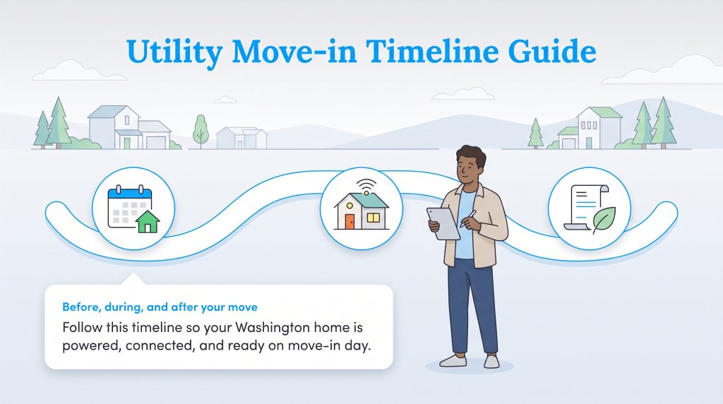 Illustration of a utility setup timeline with icons for scheduling, home connectivity, and bills