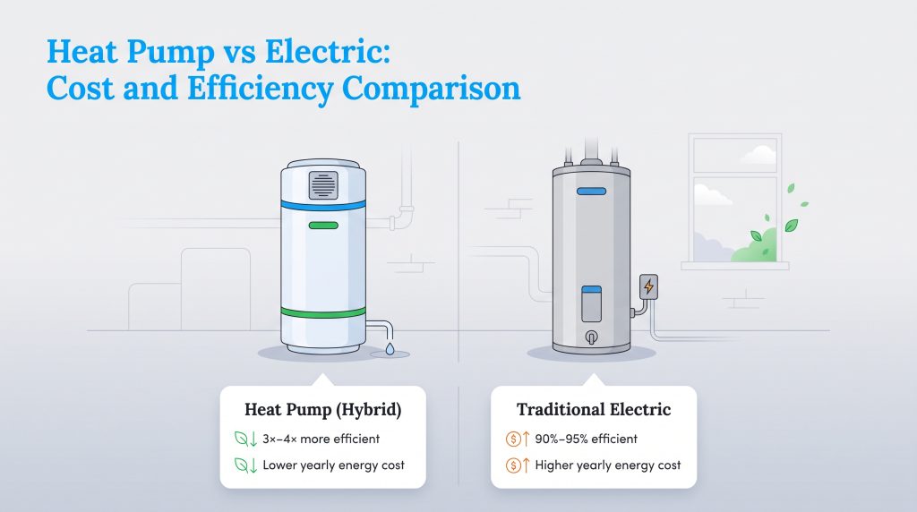 Graphic comparing heat pump hybrid and traditional electric water heater cost and efficiency