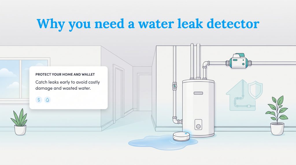 Illustration of a water leak detector sensor next to a puddle by a water heater