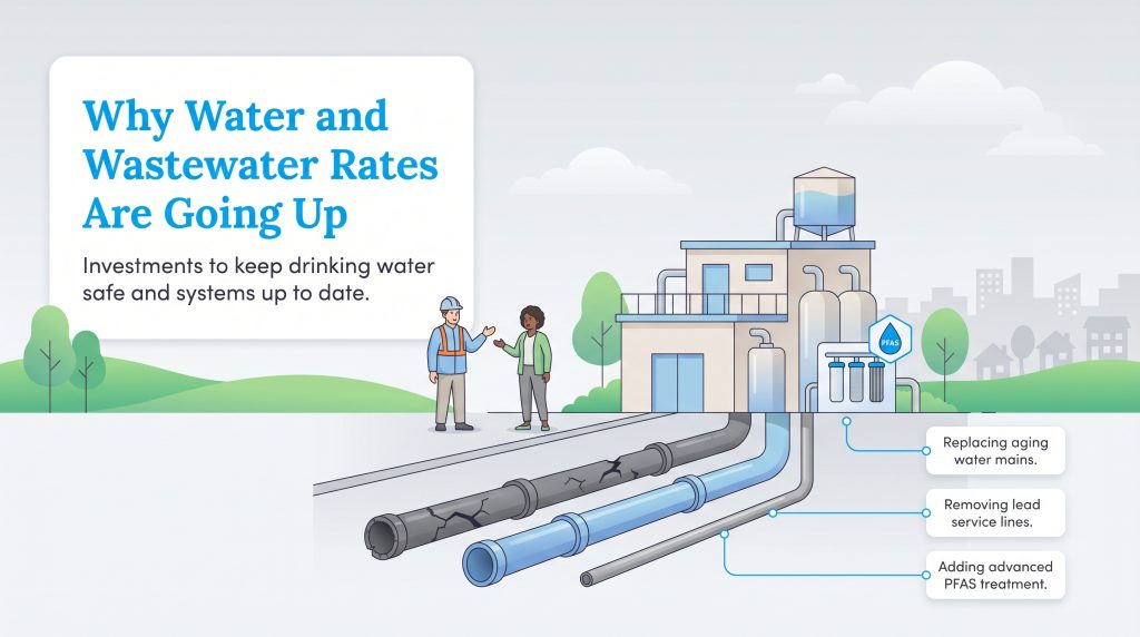 Illustration explaining why water rates rise to fund infrastructure upgrades
