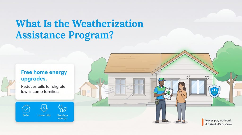 An illustration showing how the Weatherization Assistance Program helps families save energy.