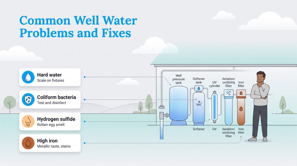 Diagram showing common well water issues and the filtration systems used to fix them