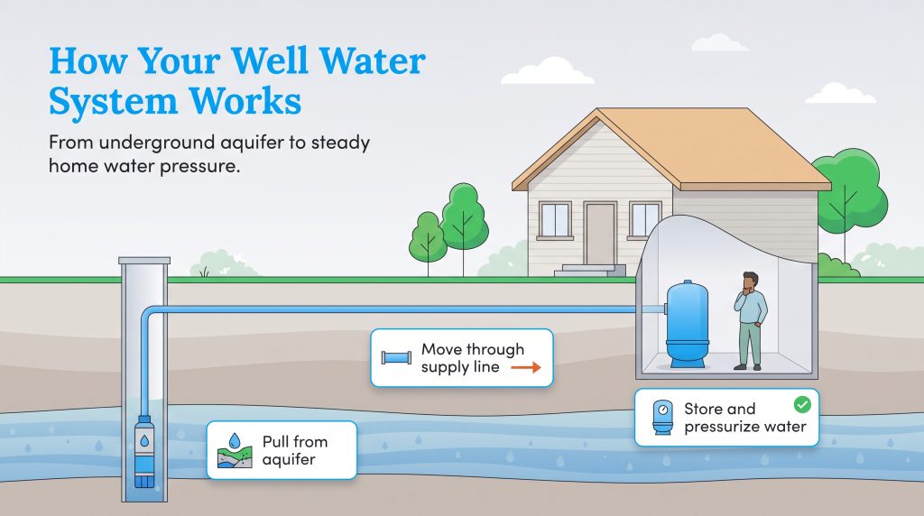 Diagram of a home well water system pulling from an aquifer to a basement pressure tank.