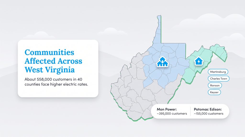 Map of West Virginia highlighting counties affected by Mon Power and Potomac Edison rate hikes.