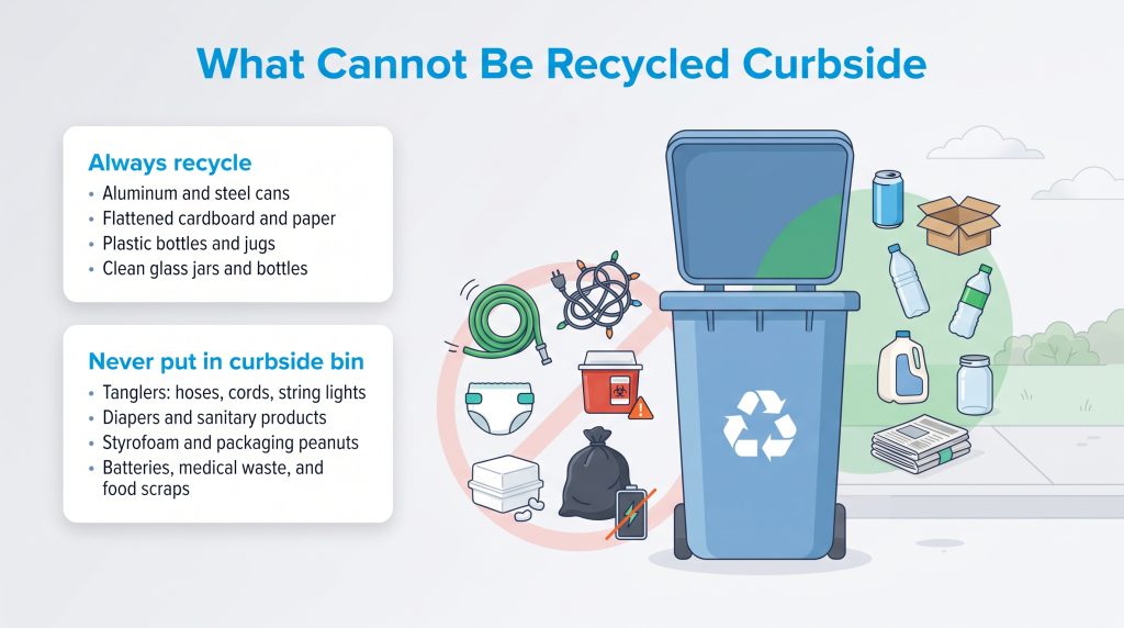 Graphic listing items to always recycle and items to exclude from curbside bins.