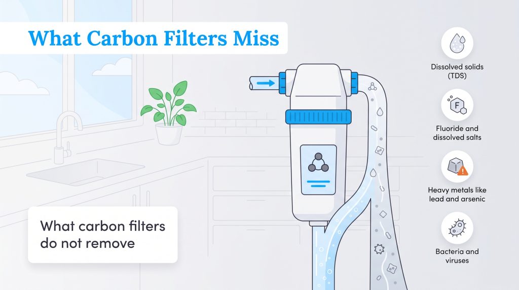 Diagram showing contaminants that standard carbon filters fail to remove from drinking water.