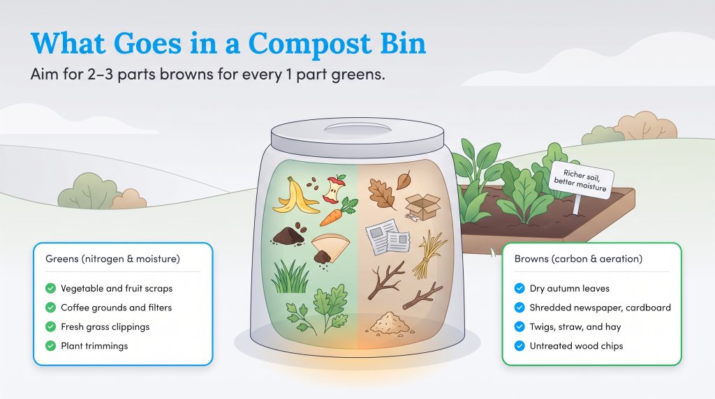 A guide showing nitrogen-rich green materials and carbon-rich brown materials for composting.