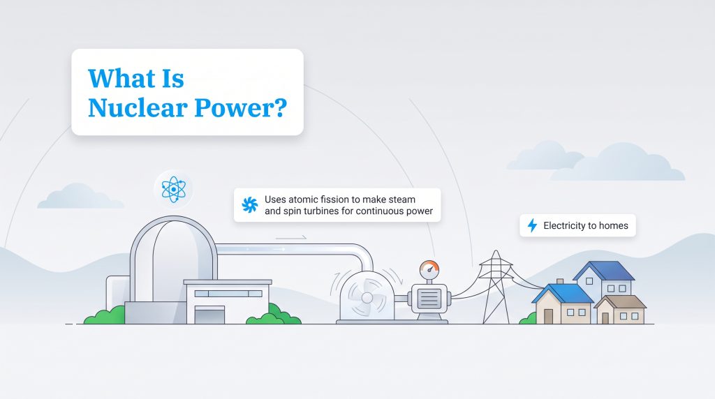 Diagram showing nuclear power generation from atomic fission to electricity in homes