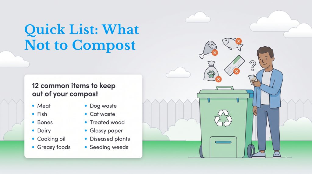 Infographic list of 12 items to keep out of compost, like meat, dairy, and pet waste.