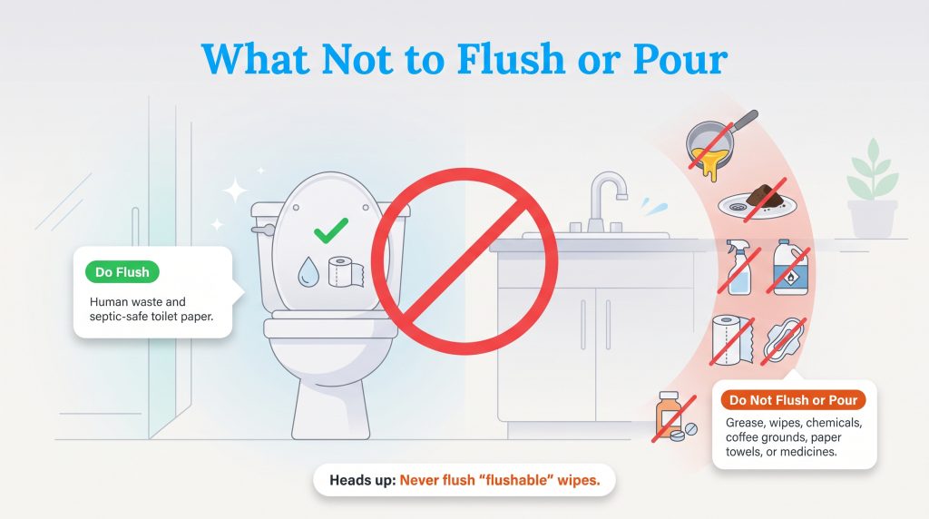 Illustration of safe items to flush versus harmful items that clog drains