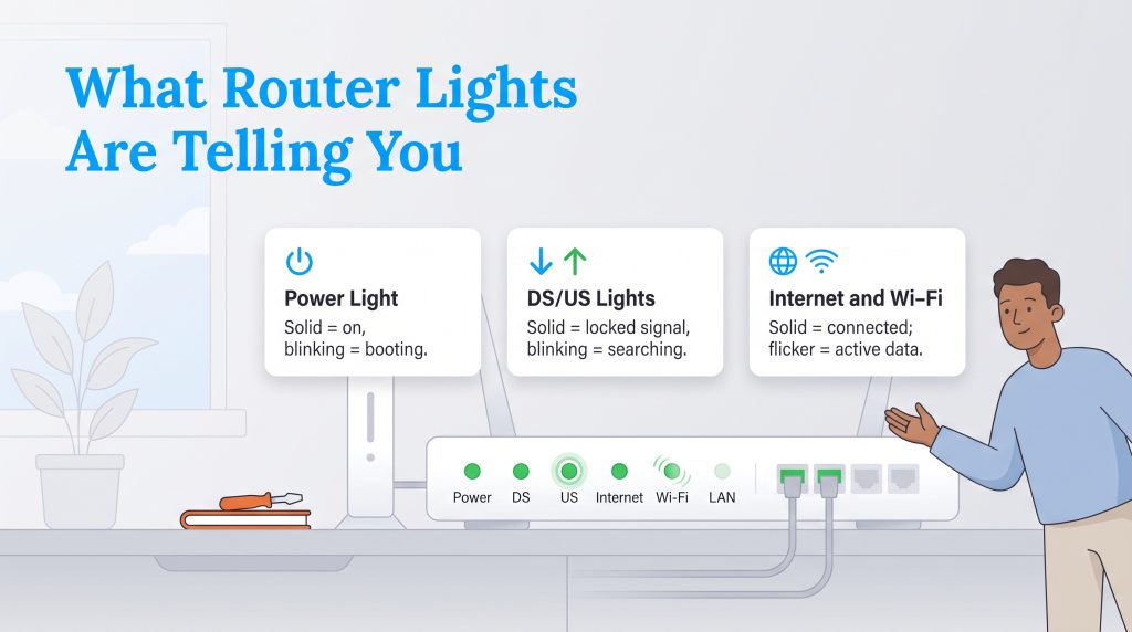 Guide explaining router status indicators like power, upstream, downstream, and Wi-Fi