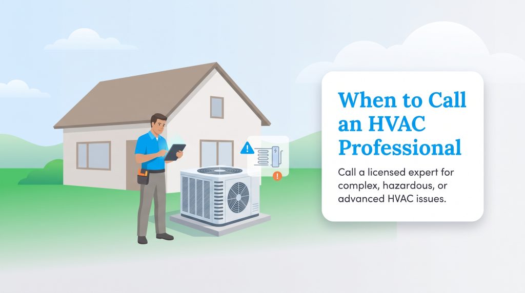 HVAC technician with a tablet inspecting an outdoor air conditioning unit next to a house