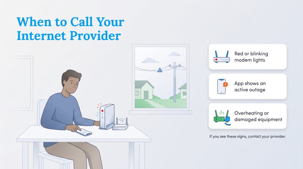 An illustration listing key reasons to contact your internet service provider.