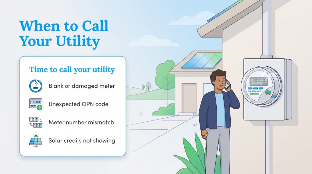 Man calling utility next to a smart meter, listing four issues requiring professional help.