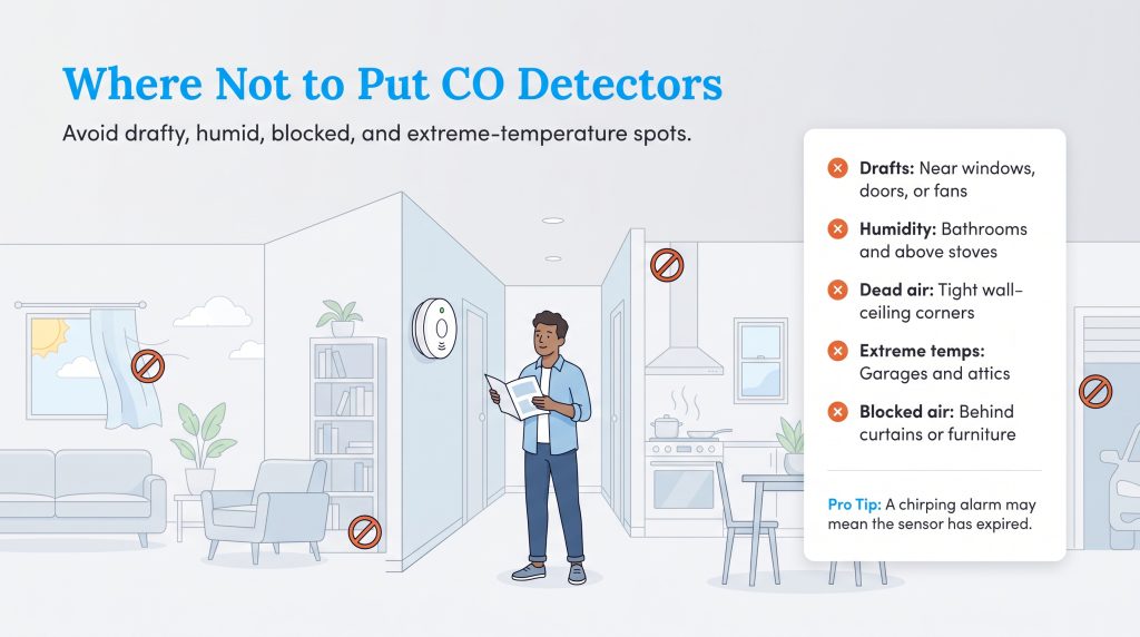 Illustration showing where not to place carbon monoxide detectors to avoid false alarms