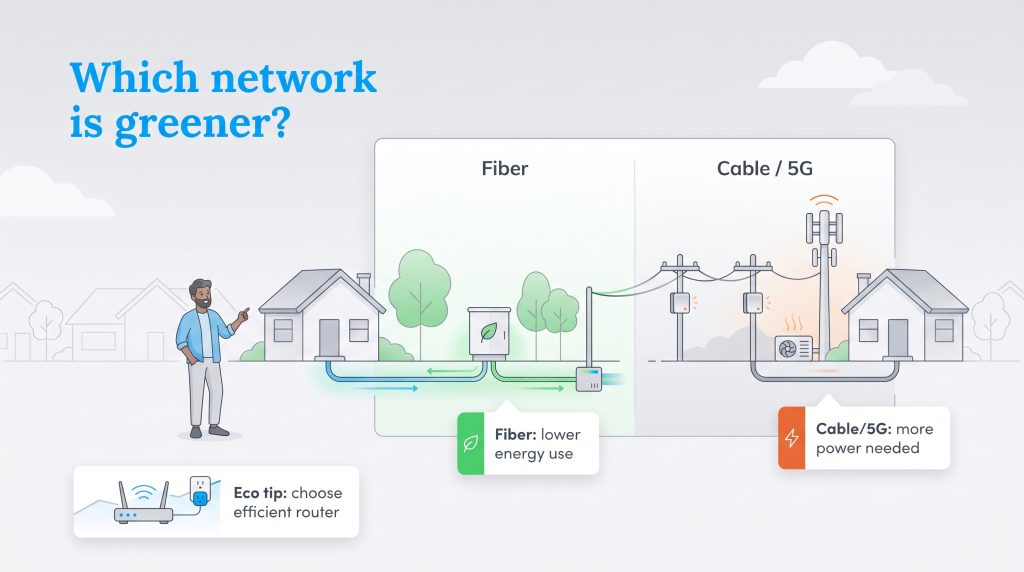 Diagram showing fiber internet is more energy-efficient than cable and 5G networks.