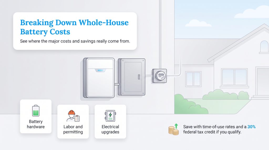 Diagram showing a whole-house battery setup with cost categories and savings opportunities.