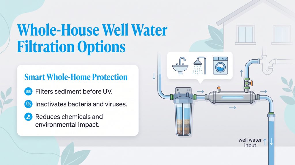 Diagram of a sediment filter and UV purifier system delivering clean well water to home fixtures