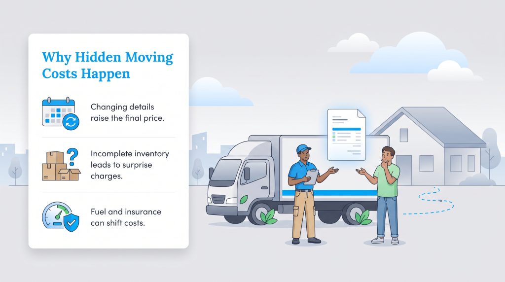 Infographic detailing the common causes of unexpected or hidden moving fees.