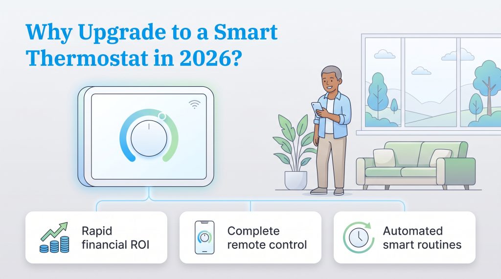 Illustration highlighting smart thermostat benefits: rapid ROI, remote control, and automation.