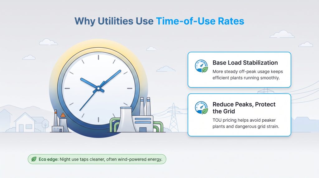 Infographic explaining the benefits of time-of-use utility rates for grid stabilization.