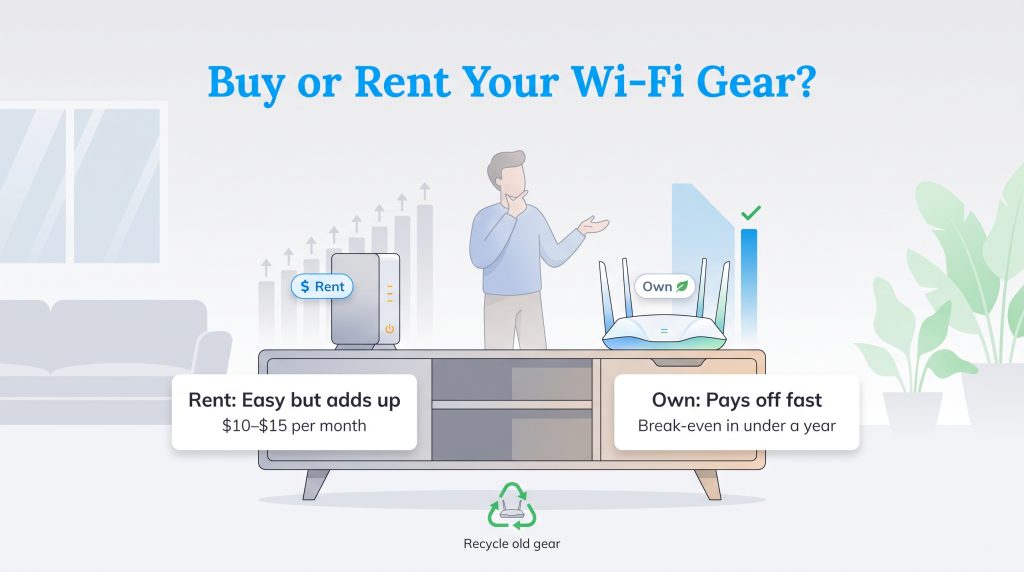 Comparison of renting vs owning a Wi-Fi router, showing buying pays off in under a year.