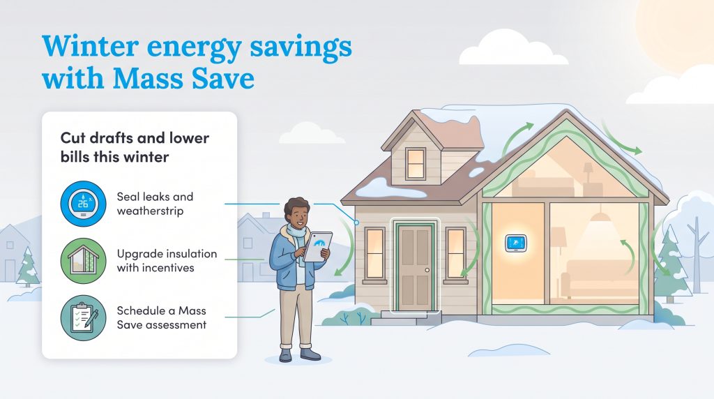 An infographic showing home winterization tips with Mass Save programs to lower energy bills.