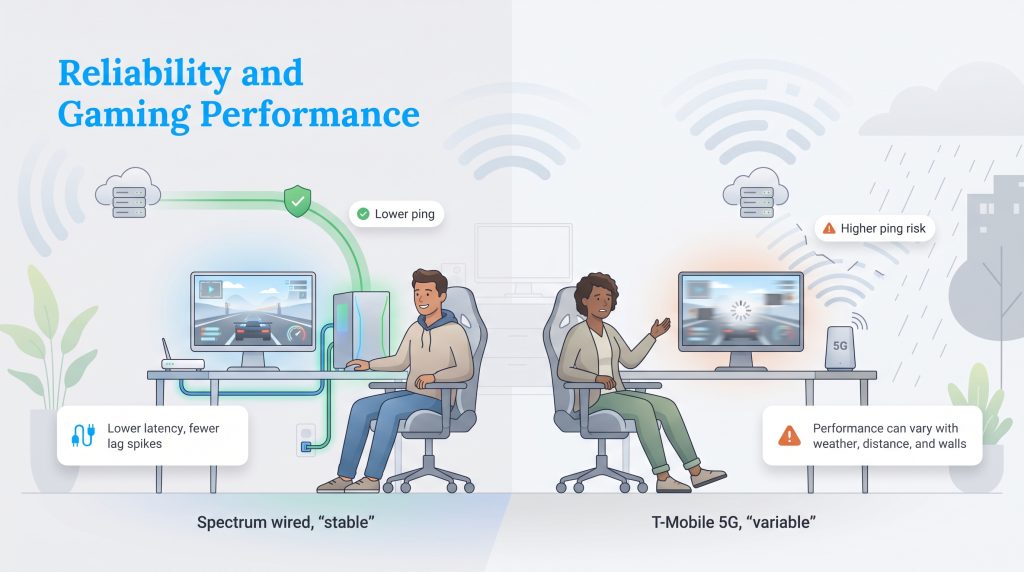 Infographic comparing Spectrum wired and T-Mobile 5G internet performance for gaming