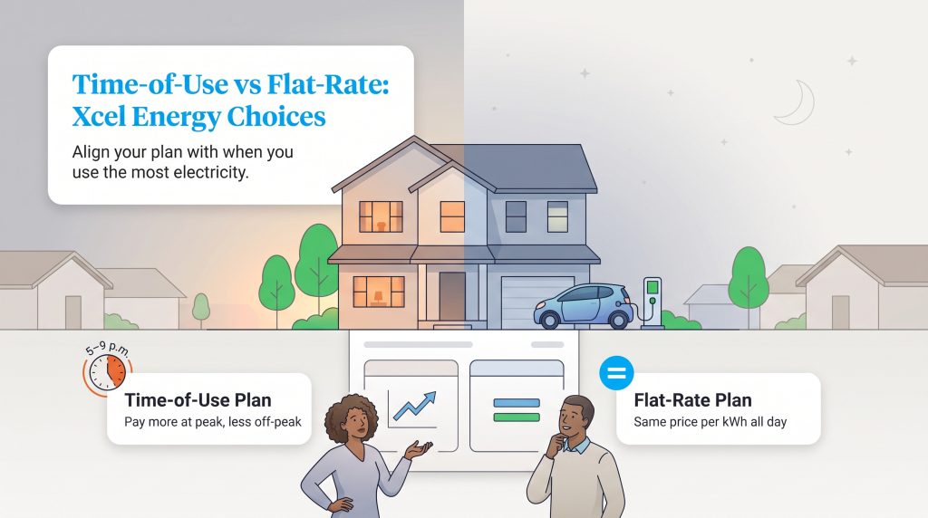 Diagram comparing Xcel Energy Time-of-Use and Flat-Rate electricity plans.