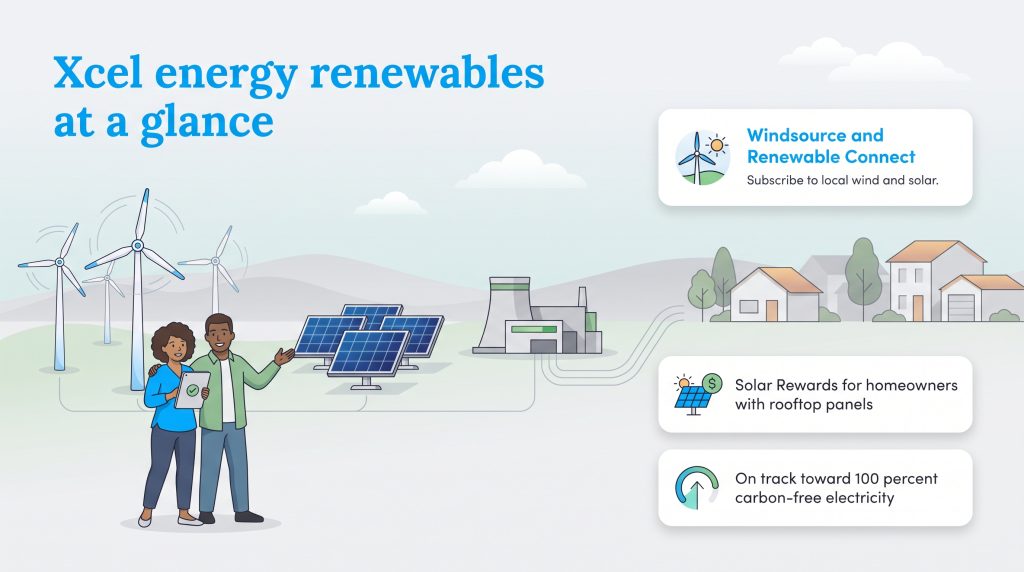 Illustration of Xcel Energy renewable initiatives including wind, solar, and clean energy goals.