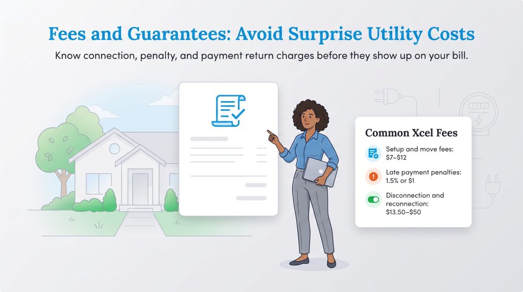 Illustration showing common Xcel Energy fees for setup, late payments, and reconnection