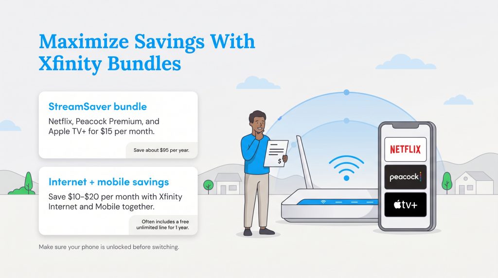 Graphic outlining Xfinity StreamSaver and internet plus mobile bundling options