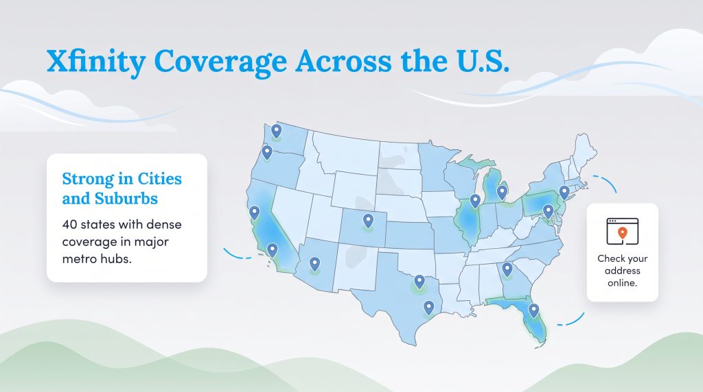 US map highlighting Xfinity network coverage in forty states and major metropolitan hubs