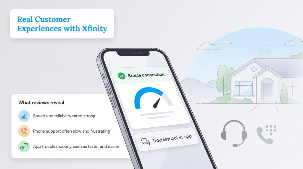 Xfinity customer review summary highlighting high speeds and slow phone support.